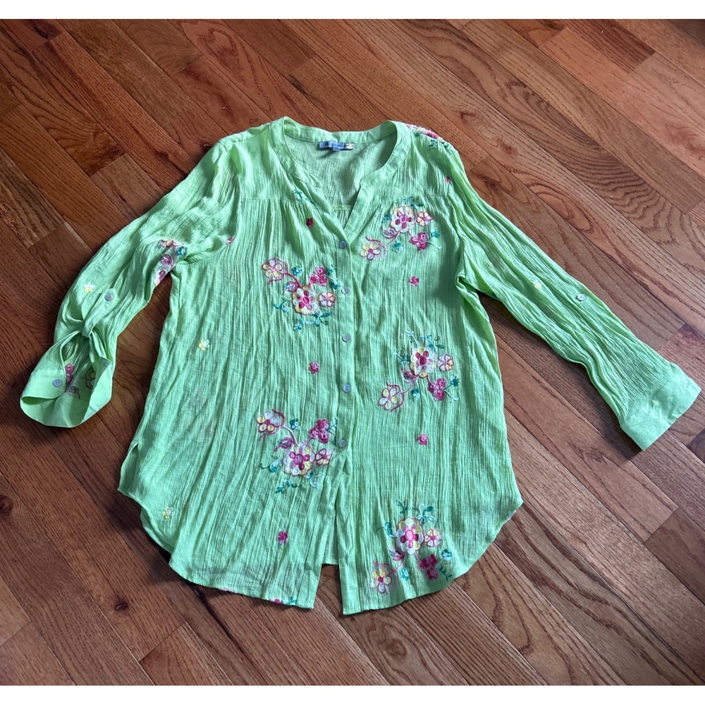 Figueroa & Flower Lime Green Floral Embroidered Crinkle Gauze Blouse 2X Top